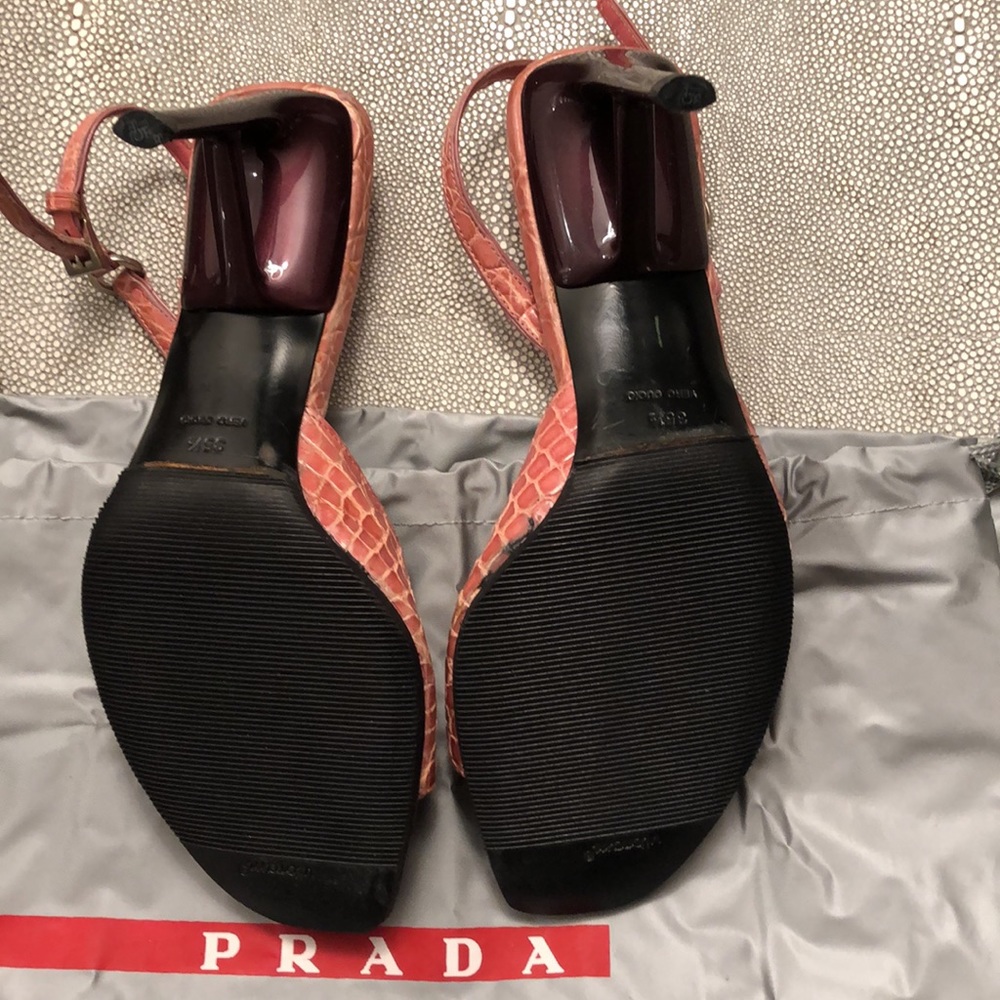 PRADA 35.5 GENUINE ALLIGATOR CROC  Pink Sandals 3” heel, bottom new, dust bag - Picture 8 of 12